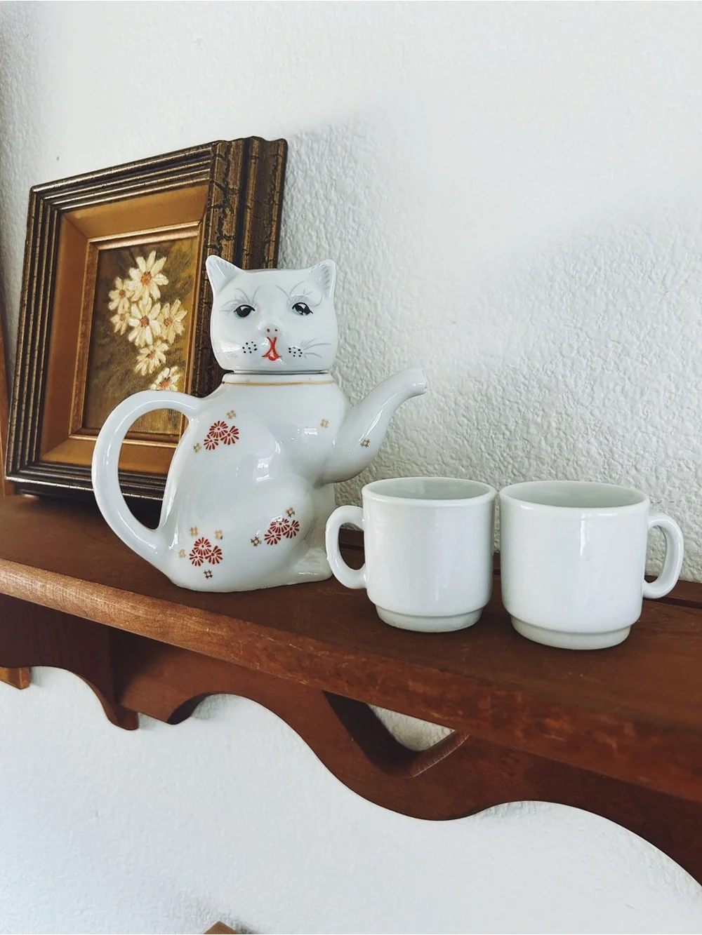 Vintage Ceramic Cat Teapot with Ceramic Cups/Whimsical Kitty Tea Set